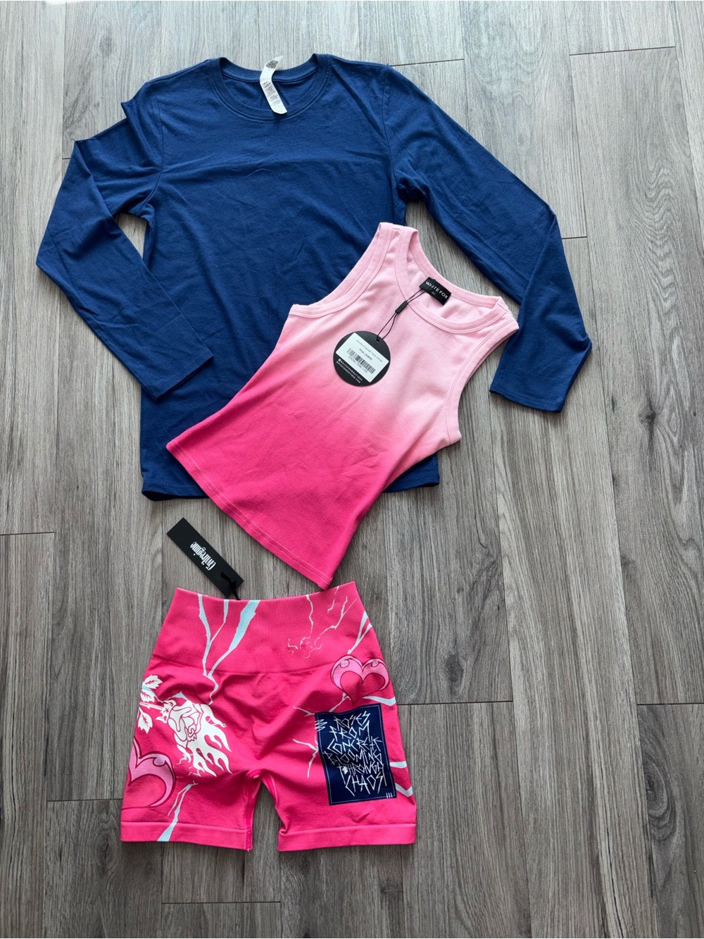 White Fox Ombré Pink Tank NWT XS, Civil Regime Pink Shorts NWT XS + Long-sleeve